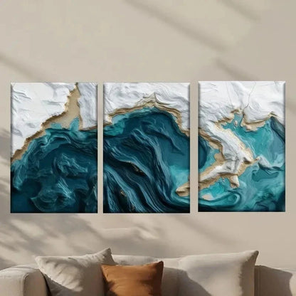 3pcs Blue and White Water Like Painting Wall Art Set Canvas Framed 50x70cm - High Quality Print 100% Australian Made Wall Canvas Ready to Hang - Bella Home Decor