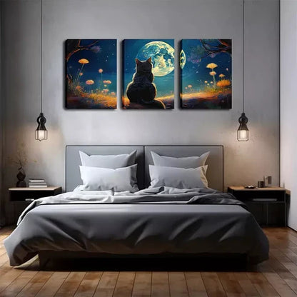 3pcs Lucky Cat Gazing at the Moon, Wall Art Canvas Unframed - High Quality Print 100% Australian Made Wall Canvas