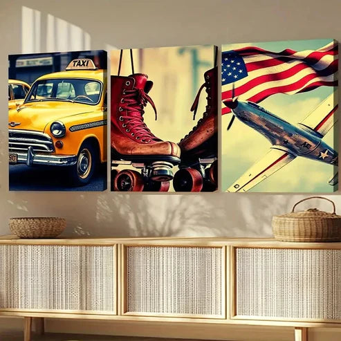 3pcs Retro American Classic Modern Style Car Wall Art Set Canvas Unframed - High Quality Print 100% Australian Made Wall Canvas