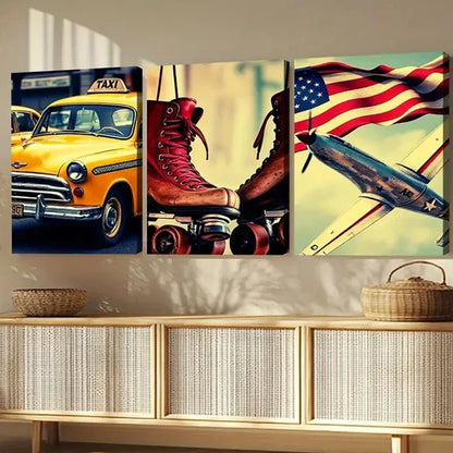 3pcs Retro American Classic Modern Style Car Wall Art Set Canvas Unframed - High Quality Print 100% Australian Made Wall Canvas