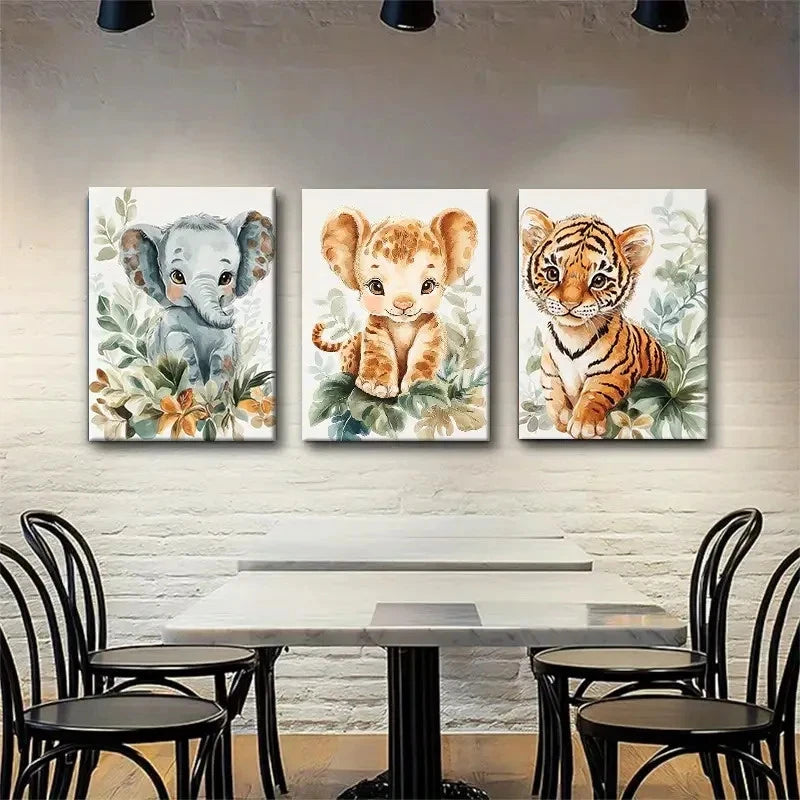 3pcs Baby Elephant, Lion Cub, and Tiger Wall Art Set Canvas Framed 50x70cm - High Quality Print 100% Australian Made Wall Canvas Ready to Hang - Bella Home Decor