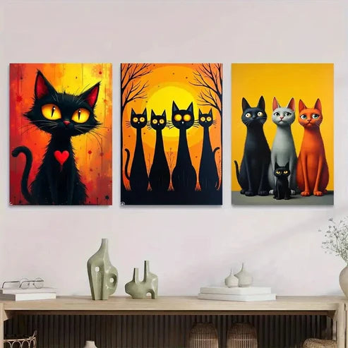 3pcs Black Cat Family Picture Modern Wall Art Set Canvas Unframed - High Quality Print 100% Australian Made Wall Canvas - Bella Home Decor