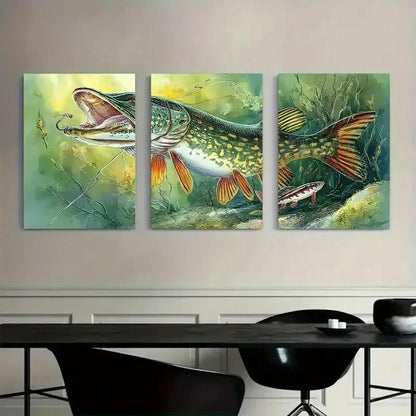 3pcs Rustic Pike Fishing Scene Metal Print Ready to Hang Art - Bella Home Decor