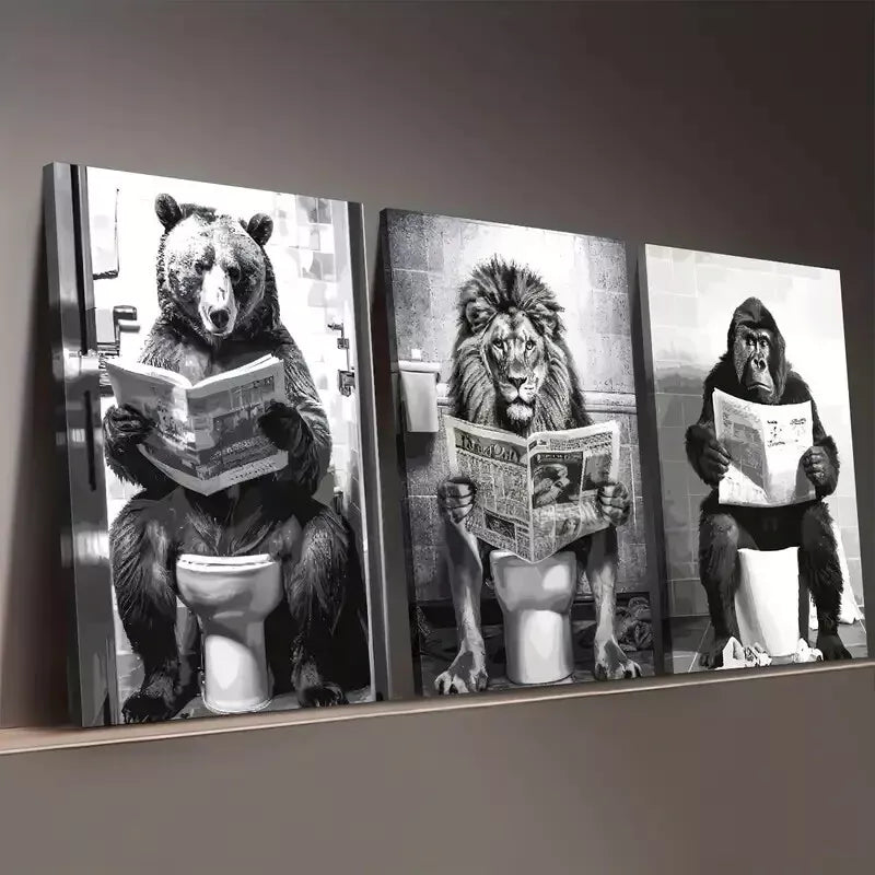 3pcs Black and White Fashion Animal Bathroom Wall Art Set Canvas Framed 50x70cm - High Quality Print 100% Australian Made Wall Canvas Ready to Hang