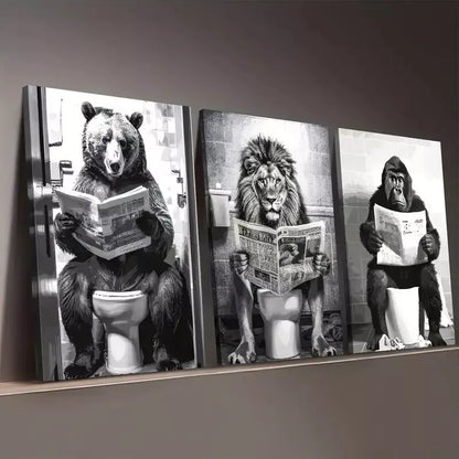 3pcs Black and White Fashion Animal Bathroom Wall Art Set Canvas Framed 50x70cm - High Quality Print 100% Australian Made Wall Canvas Ready to Hang
