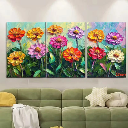 3pcs Zinnia Flowers Oil Painting Metal Print Ready to Hang Art