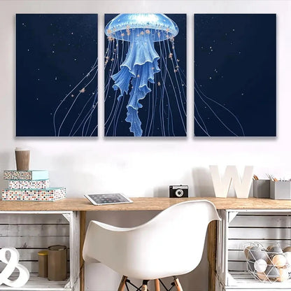 3pcs Blue Sea Nettle Jellyfish Triptych Wall Art Set Canvas Framed 60x90cm - High Quality Print 100% Australian Made Wall Canvas Ready to Hang - Bella Home Decor