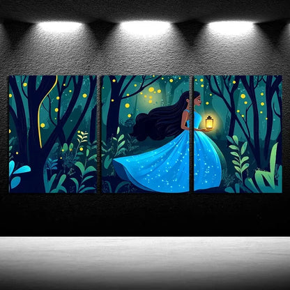 3pcs Vibrant Girl in the Forest with Fireflies Metal Print Ready to Hang Art - Bella Home Decor