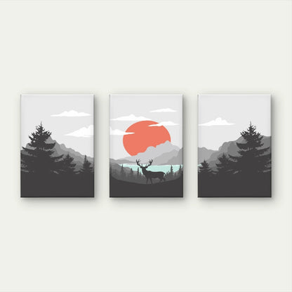 3pcs Deer and Red Sunrise Forest Landscape Wall Art Set Canvas Framed 50x70cm - High Quality Print 100% Australian Made Wall Canvas Ready to Hang
