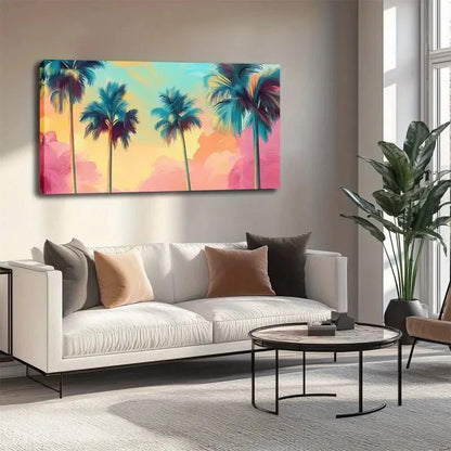 Palm Trees & Gradient Sky Wall Art canvas office home room framed 120x60cm - Bella Home Decor