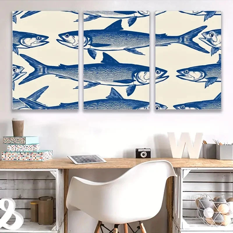 3pcs Blue & Beige Fish Painting T  Wall Art Set Canvas Framed 50x70cm - High Quality Print 100% Australian Made Wall Canvas Ready to Hang - Bella Home Decor