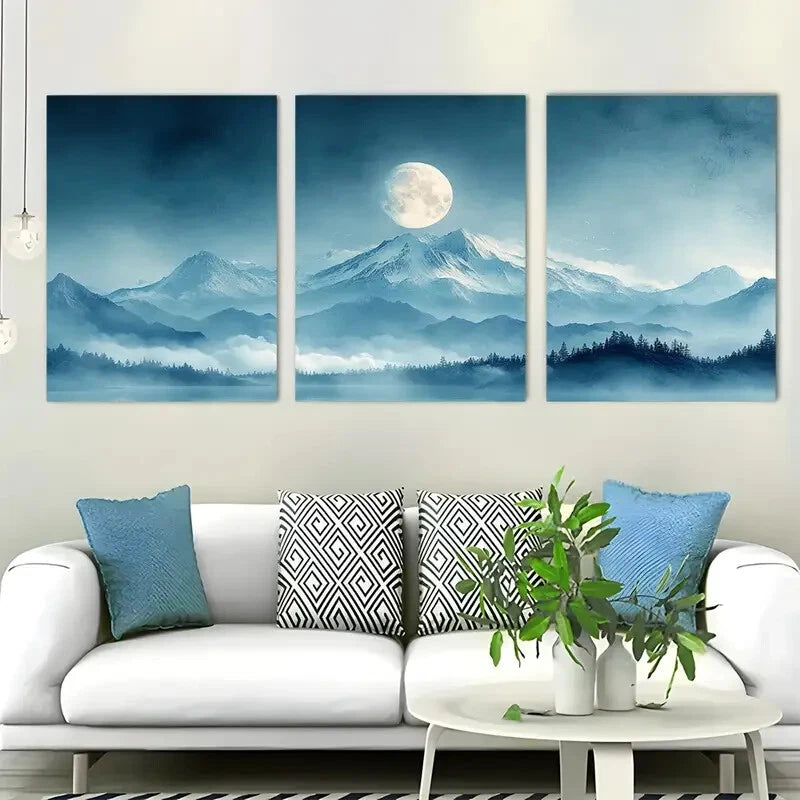 3pcs Full Moon Aesthetic Serene Blue Metal Print Ready to Hang Art - Bella Home Decor