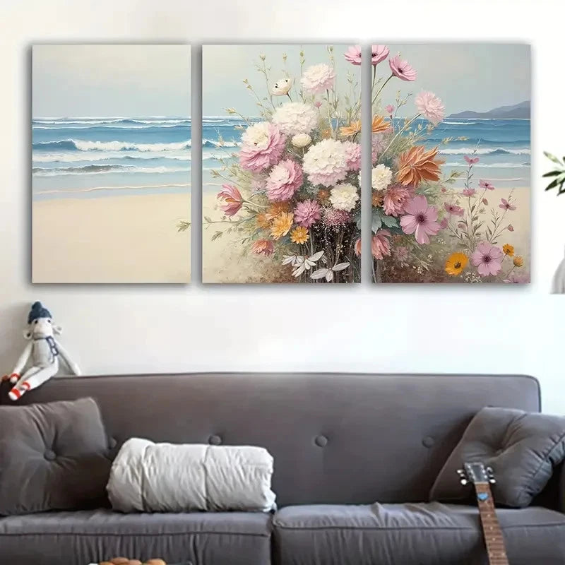 3pcs Beach Flowers Serene Ocean & Sandy Shorelin Wall Art Set Canvas Framed 50x70cm - High Quality Print 100% Australian Made Wall Canvas Ready to Hang - Bella Home Decor