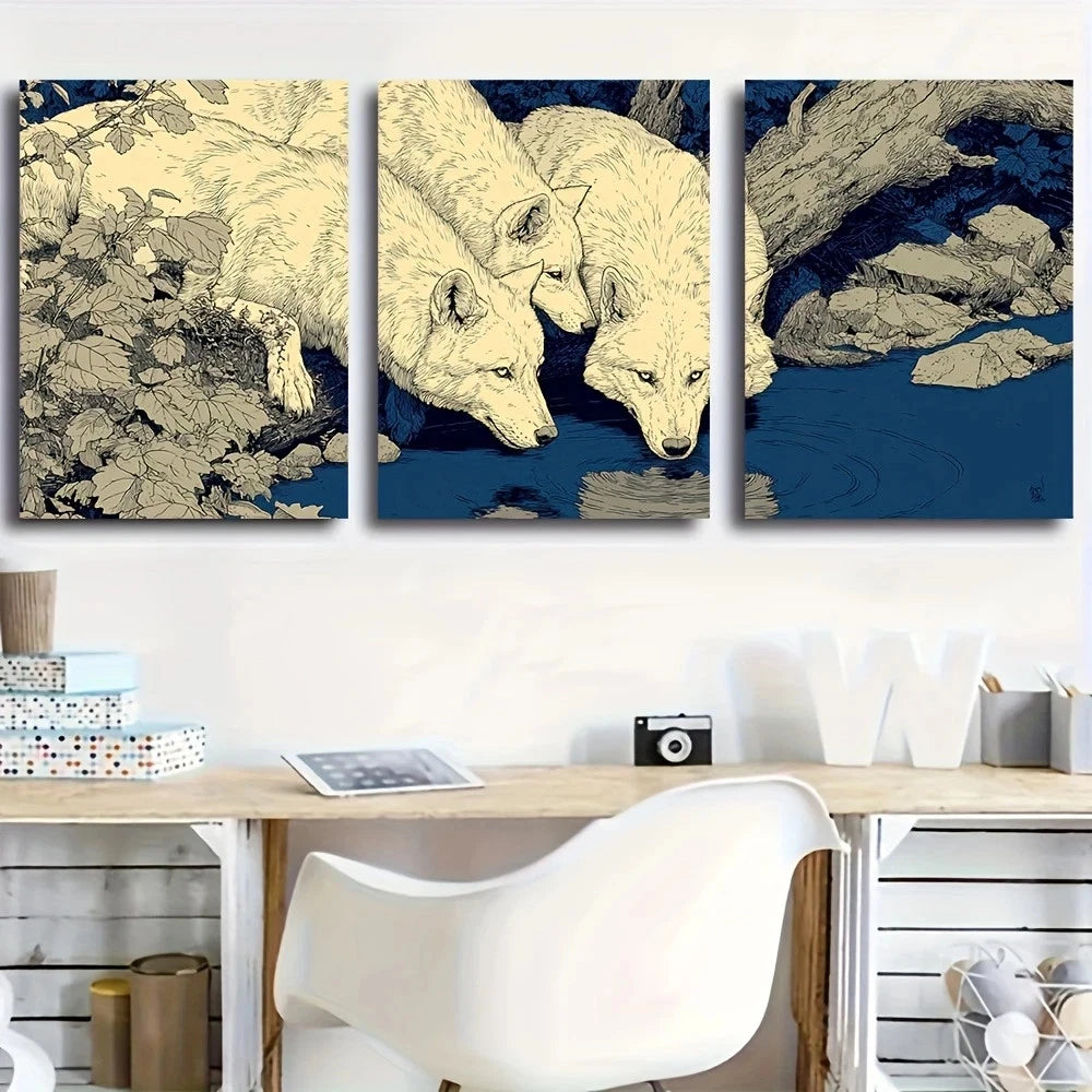 3pcs Wolves Drinking Spring Water Metal Print Ready to Hang Art