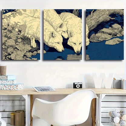 3pcs Wolves Drinking Spring Water Metal Print Ready to Hang Art