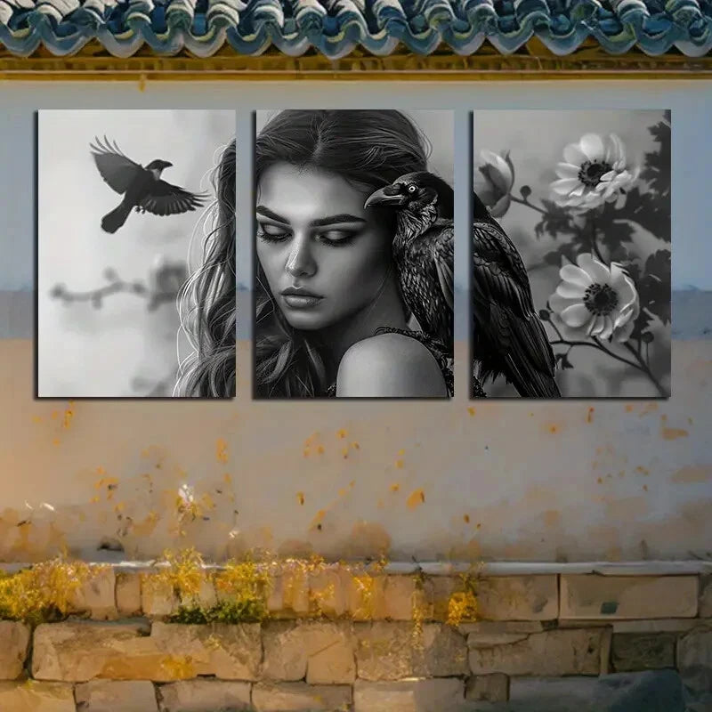 3pcs Girls and Crows Theme, Modern Design Metal Print Ready to Hang Art - Bella Home Decor
