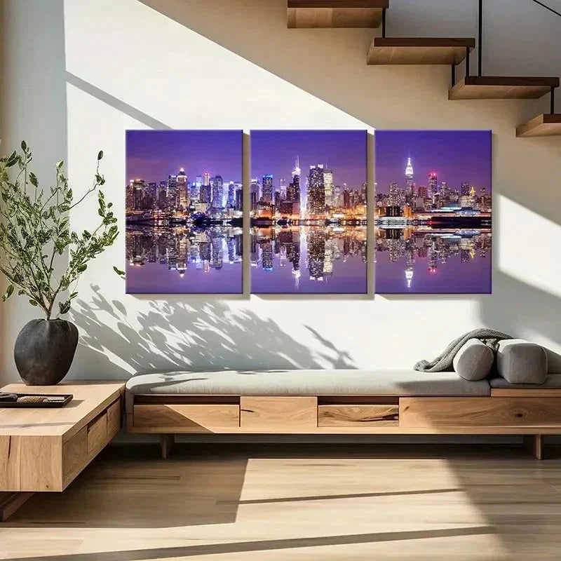 3pcs Night View Skyline & Buildings Wall Art Canvas Unframed - High Quality Print 100% Australian Made Wall Canvas