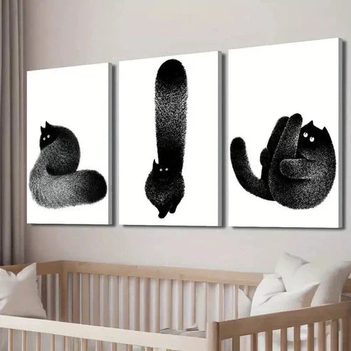 3pcs Black & White Feline Fluffy Black Cat Decor Wall Art Set Canvas Wall Art Canvas Unframed - High Quality Print 100% Australian Made Wall Canvas - Bella Home Decor