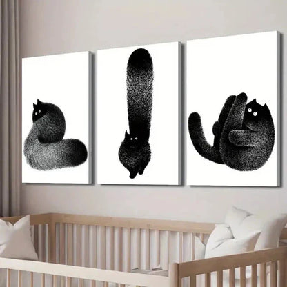 3pcs Black & White Feline Fluffy Black Cat Decor Wall Art Set Canvas Wall Art Canvas Unframed - High Quality Print 100% Australian Made Wall Canvas - Bella Home Decor