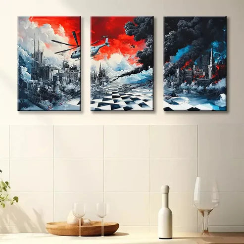3pcs Urban helicopter Landscape  Art Canvas Unframed - High Quality Print 100% Australian Made Wall Canvas