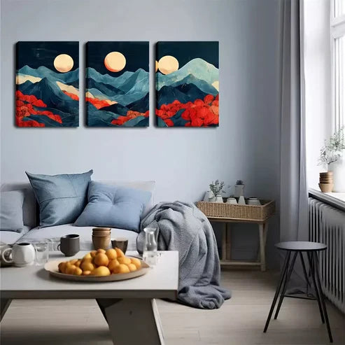 3pcs Abstract Mountain, 3 Moon Wall Art Canvas Unframed - High Quality Print 100% Australian Made Wall Canvas - Bella Home Decor