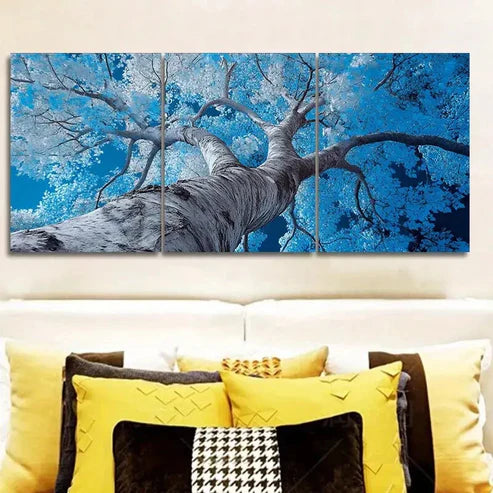 3pcs Vibrant Blue Poplar Tree with Sunlit Leaves Wall Art Set Canvas Unframed - High Quality Print 100% Australian Made Wall Canvas