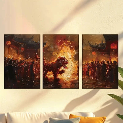 3pcs Enchanting New Year's lion dance Wall Art Set Canvas Framed 40x60cm - High Quality Print 100% Australian Made Wall Canvas Ready to Hang