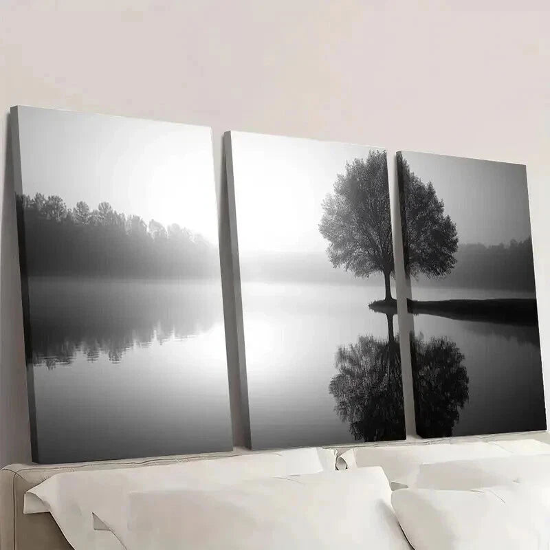 3pcs Black And White Tree Silhouette & Lake Wall Art Set Canvas Framed 50x70cm - High Quality Print 100% Australian Made Wall Canvas Ready to Hang - Bella Home Decor