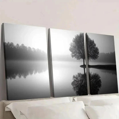 3pcs Black And White Tree Silhouette & Lake Wall Art Set Canvas Framed 50x70cm - High Quality Print 100% Australian Made Wall Canvas Ready to Hang - Bella Home Decor