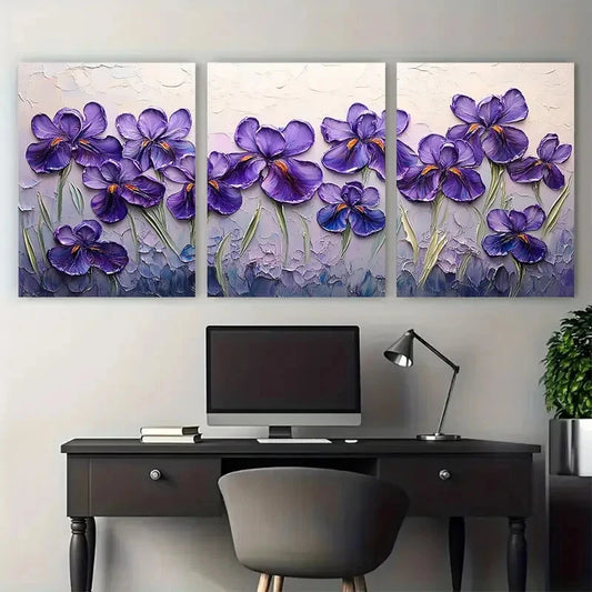 3pcs Purple Iris Flowers Abstract Textured Floral Metal Print Ready to Hang Art