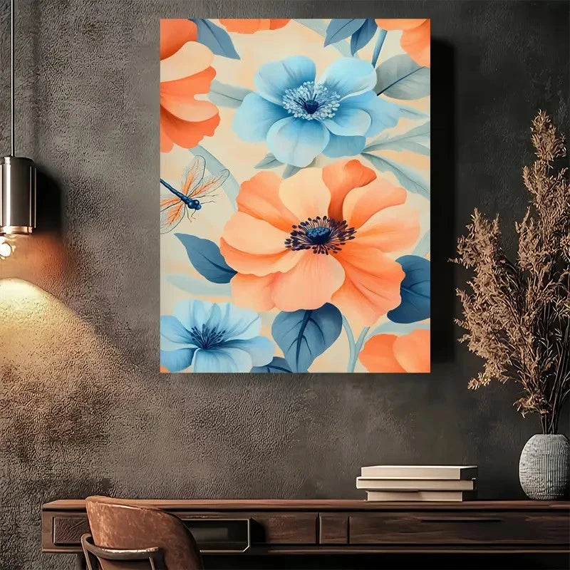 Beautiful Vibrant Orange & Blue Flowers Painting 40x60cm Metal Print Ready to Hang - Bella Home Decor