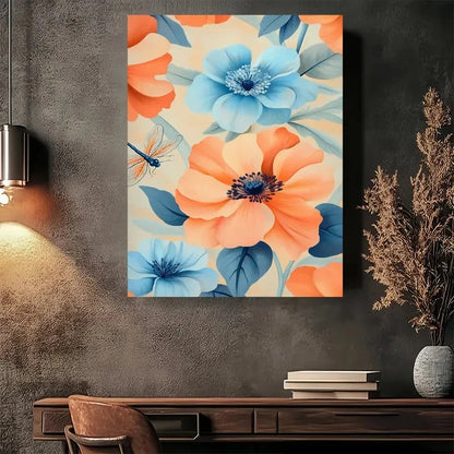 Beautiful Vibrant Orange & Blue Flowers Painting 40x60cm Metal Print Ready to Hang - Bella Home Decor