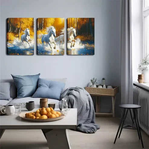 3pcs Three White Horses In The Woods Wall Art Canvas Unframed - High Quality Print 100% Australian Made Wall Canvas