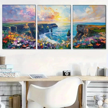 3pcs Cliffs by Sea with Colorful Flower Perfect Wall Art Set Canvas Framed 40x60cm - High Quality Print 100% Australian Made Wall Canvas Ready to Hang - Bella Home Decor
