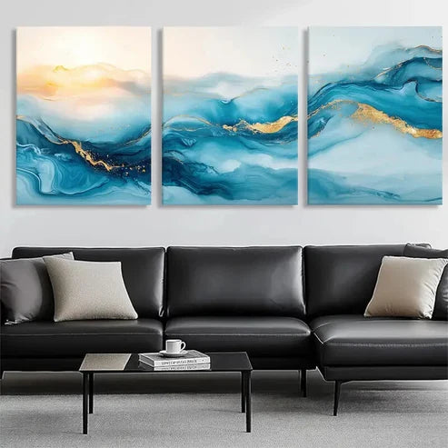 3pcs Blue and Golden Abstract Ocean Wave Perfect Wall Art Set Canvas Unframed - High Quality Print 100% Australian Made Wall Canvas