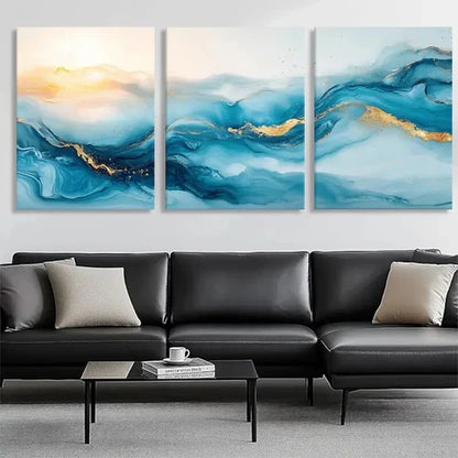 3pcs Blue and Golden Abstract Ocean Wave Perfect Wall Art Set Canvas Unframed - High Quality Print 100% Australian Made Wall Canvas