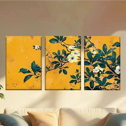 3pcs a Painting of Flowers on a Yellow Abstract Wall Art Set Canvas Framed 60x90cm - High Quality Print 100% Australian Made Wall Canvas Ready to Hang - Bella Home Decor