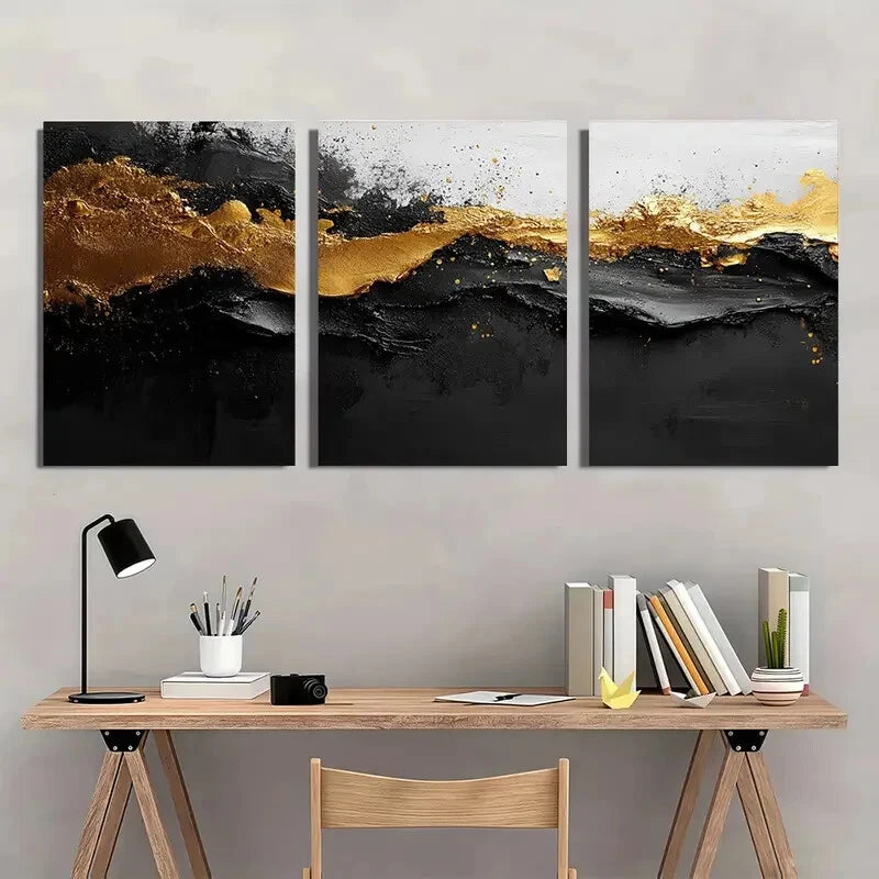 3pcs Black and White with Golden Splashes Metal Print Ready to Hang Art - Bella Home Decor
