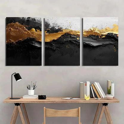 3pcs Black and White with Golden Splashes Metal Print Ready to Hang Art - Bella Home Decor