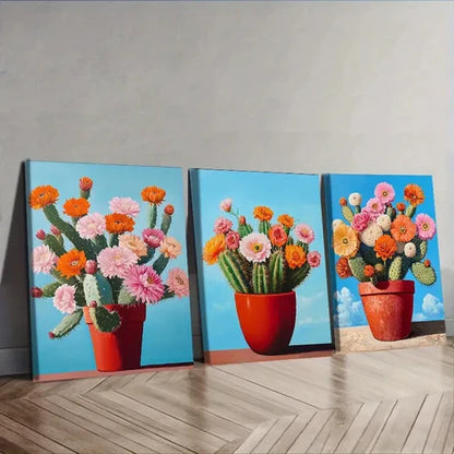 3pcs Vibrant Cactus & Flower Wall Art Set Canvas Unframed - High Quality Print 100% Australian Made Wall Canvas
