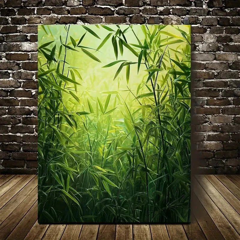 Emerald Green Bamboo Meadow Nature Painting 40x60cm Metal Print Ready to Hang - Bella Home Decor