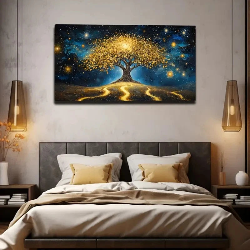 Golden Tree With Starry Night Wall Art Canvas Office Home Room Framed 120x60cm