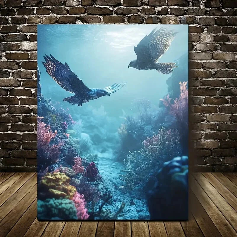 Dreamlike Hawk Chase Scene In Coral Reef Painting 40x60cm Metal Print Ready to Hang - Bella Home Decor