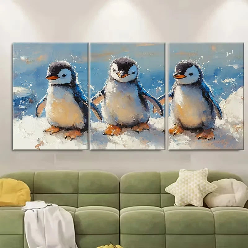 3pcs Penguin Painting Animal Metal Print Ready to Hang Art