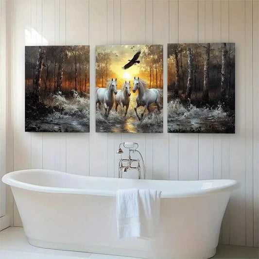 3pcs Majestic Wild Horses Forest Nature Perfect Wall Art Set Canvas Framed 50x70cm - High Quality Print 100% Australian Made Wall Canvas Ready to Hang