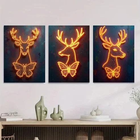 3pcs Elegant And Unique Neon Deer And Butterfly Wall Art Set Wall Art Canvas Unframed – High Quality Print 100% Australian Made Wall Canvas