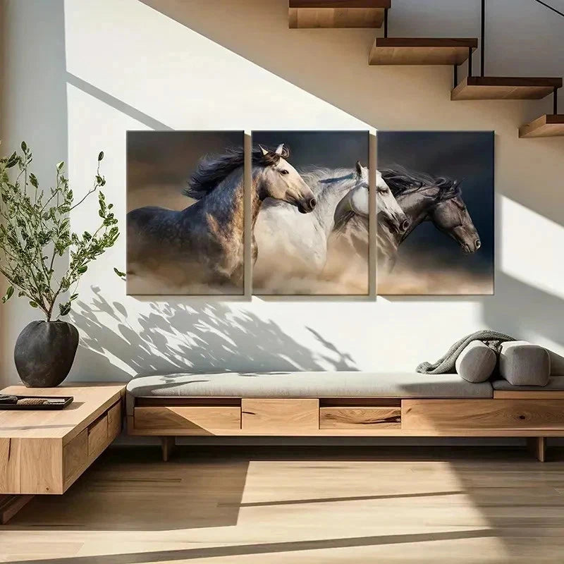 3pcs Gray White & Black Horses Running Modern Wall Art Set Canvas Framed 50x70cm - High Quality Print 100% Australian Made Wall Canvas Ready to Hang