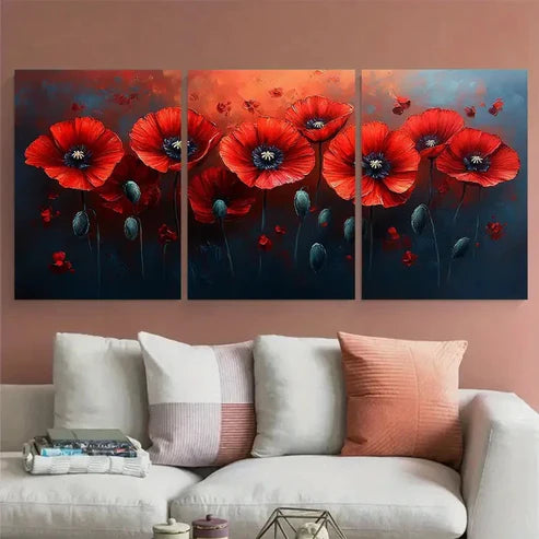 3pcs Red Poppies Floral Illustration Wall Art Set Canvas Unframed - High Quality Print 100% Australian Made Wall Canvas