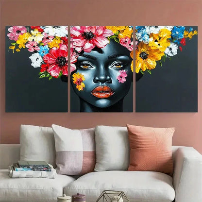 3pcs Floral Painting African Lady Portrait Black Wall Art Set Canvas Framed 40x60cm - High Quality Print 100% Australian Made Wall Canvas Ready to Hang