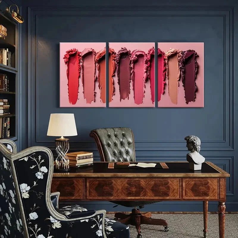 3pcs Lipstick Swatches Vibrant Colors Elegant Metal Print Ready to Hang Art - Bella Home Decor